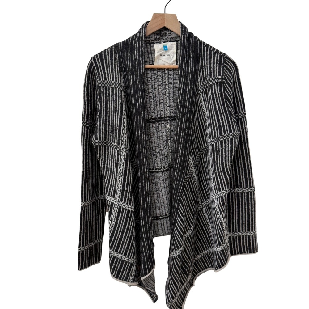 Sparrow Cardigan Medium Black White Lambswool‎ Striped Open Front Draped Sweater